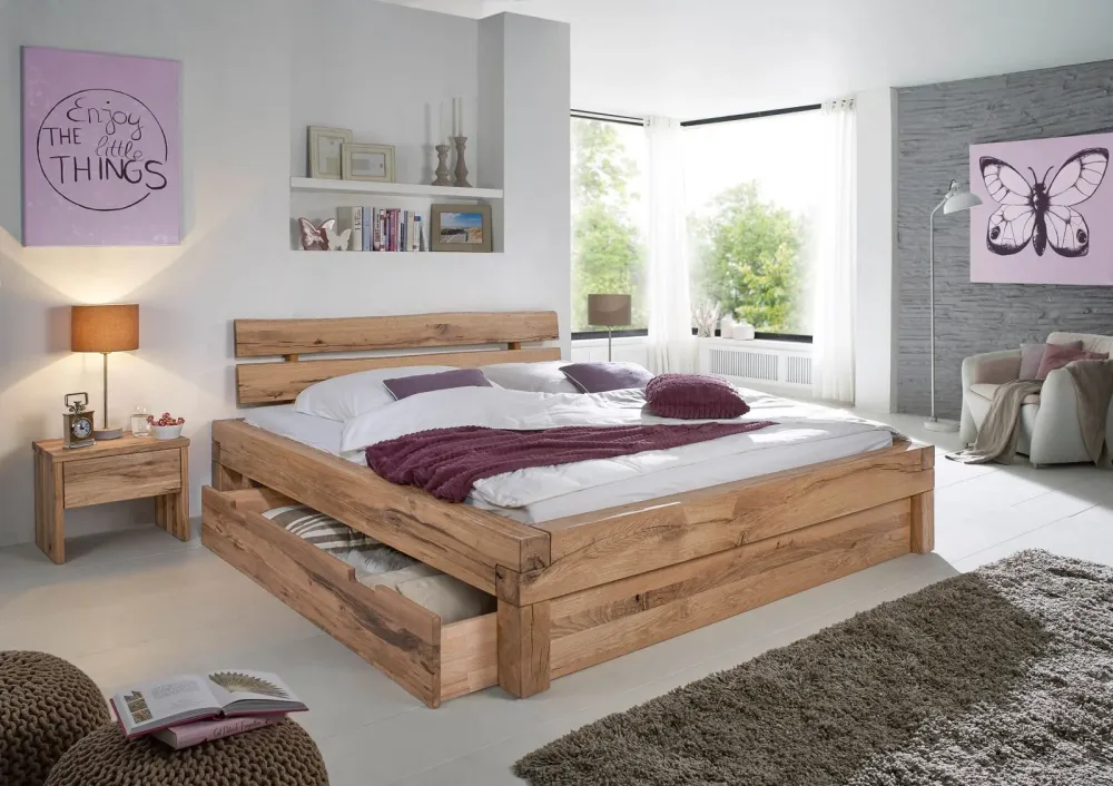 Letto su trave con box letto rovere selvatico 180x200 bianco oliato JANGALI