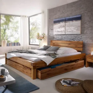 Letto su trave rovere con travi vista 200x200x85 oliato naturale KRAKAU