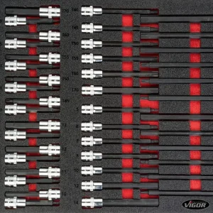 Set di punte per cacciavite VIGOR 5 - 19 T20 - T70 numero di utensili: 62 attacco: quadrato cavo 125 mm (1/2 pollice) V4727