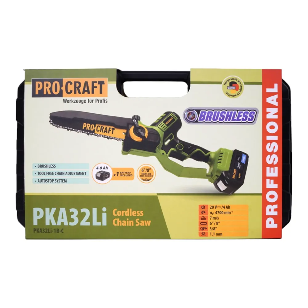 Motosega batteria Procraft PKA32Li 20 V 203 mm Brushless + 1x batteria 4,0 Ah + caricabatteria + valigetta