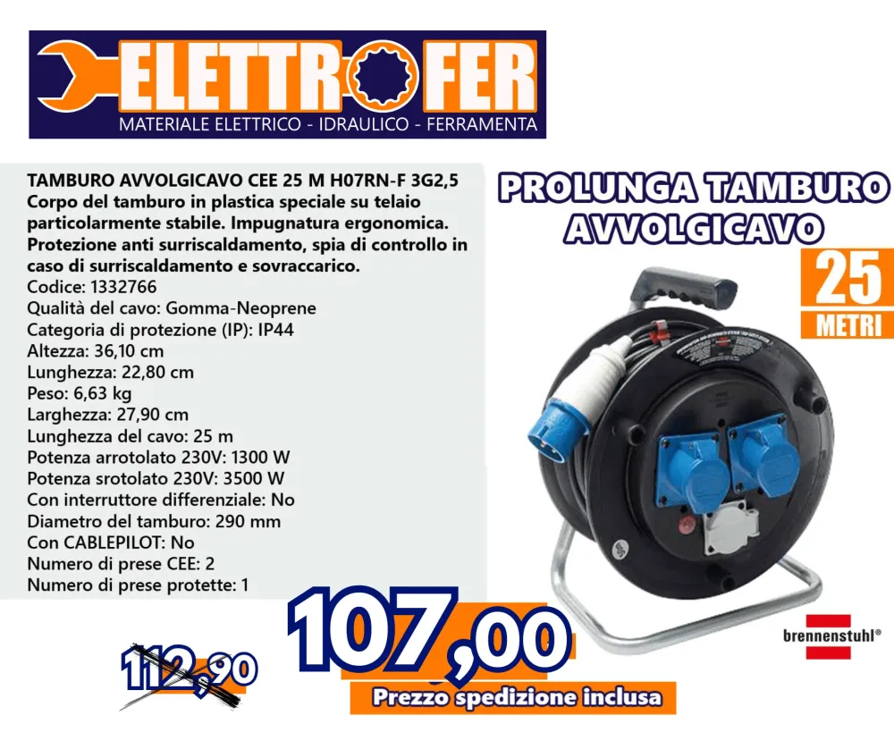 TAMBURO AVVOLGICAVO CEE 25 M H07RN-F 3G2,5 nero
