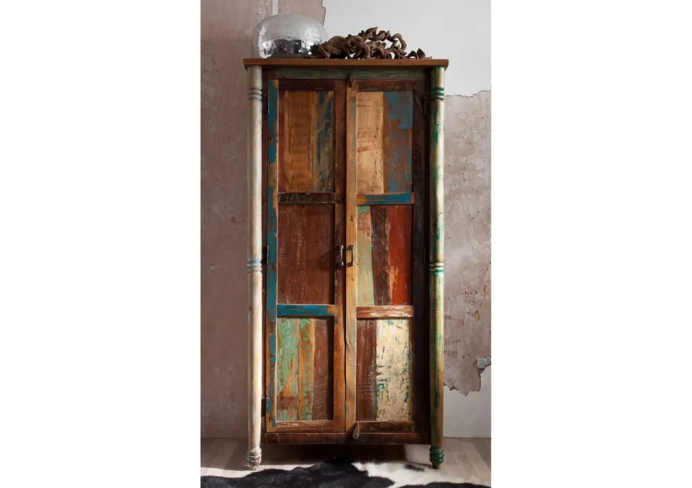Mobiletto legno di recupero 90x45x180 verniciato multicolore FAVOLA