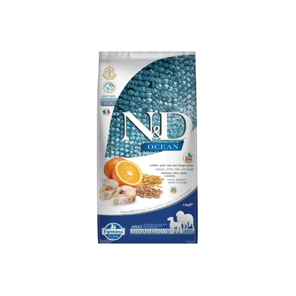 Farmina N&D Ocean Adult Medium&Maxi Crocchette Per Cani Adulti Di Taglia Media e Vasto Con Merluzzo, Farro, Avena e Arancia