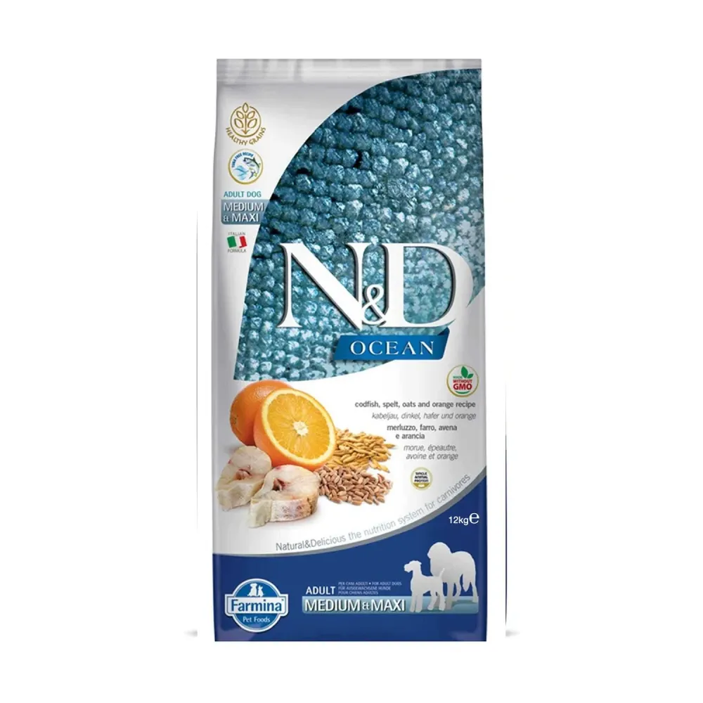 Farmina N&D Ocean Adult Medium&Maxi Crocchette Per Cani Adulti Di Taglia Media e Vasto Con Merluzzo, Farro, Avena e Arancia