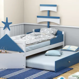 Letto per bambini legno 90x200 cm - con letto estraibile 90x190 cm e cassapanca - forma di barca vela - Blu