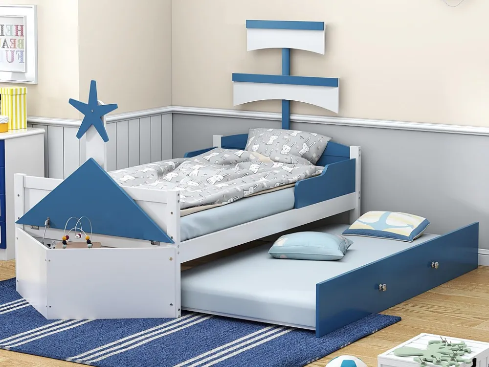 Letto per bambini legno 90x200 cm - con letto estraibile 90x190 cm e cassapanca - forma di barca vela - Blu