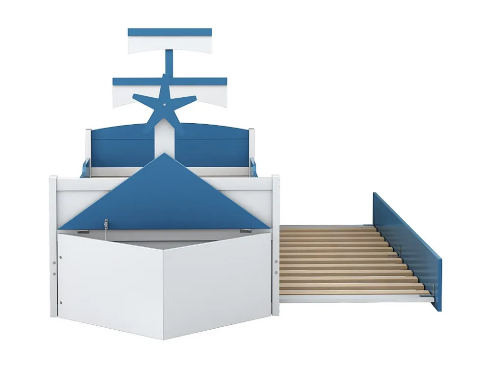 Letto per bambini legno 90x200 cm - con letto estraibile 90x190 cm e cassapanca - forma di barca vela - Blu