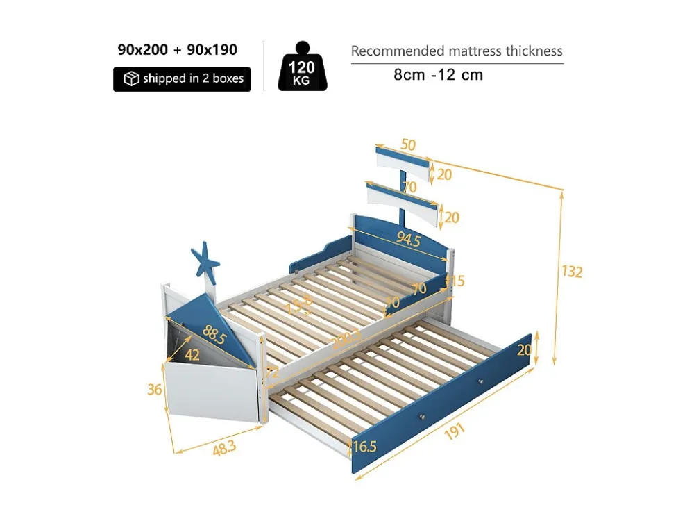 Letto per bambini legno 90x200 cm - con letto estraibile 90x190 cm e cassapanca - forma di barca vela - Blu