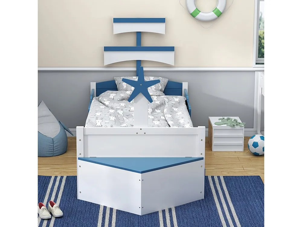 Letto per bambini legno 90x200 cm - con letto estraibile 90x190 cm e cassapanca - forma di barca vela - Blu