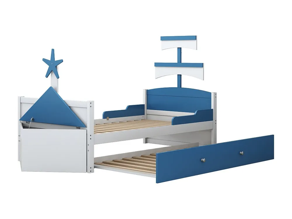 Letto per bambini legno 90x200 cm - con letto estraibile 90x190 cm e cassapanca - forma di barca vela - Blu