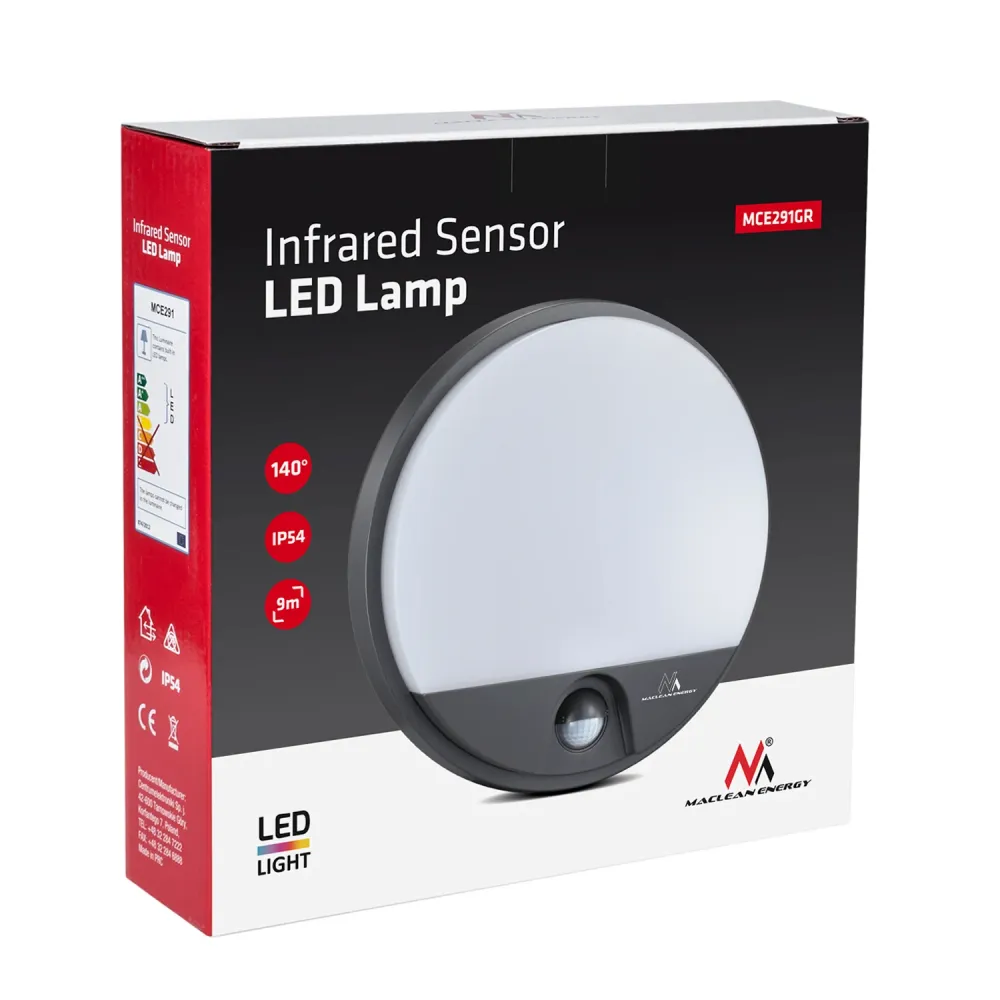 Maclean Energy MCE291 GR LED Lamp Infrared Motion Sensor Twilight Sensor Impermeabile 1100lm 15W IP54