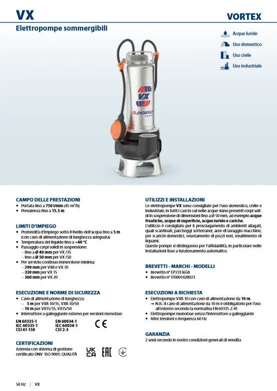PEDROLLO VXm 10/35-N submersible electric pump drainage cesspools and sewage 10 METERS CABLE Supply