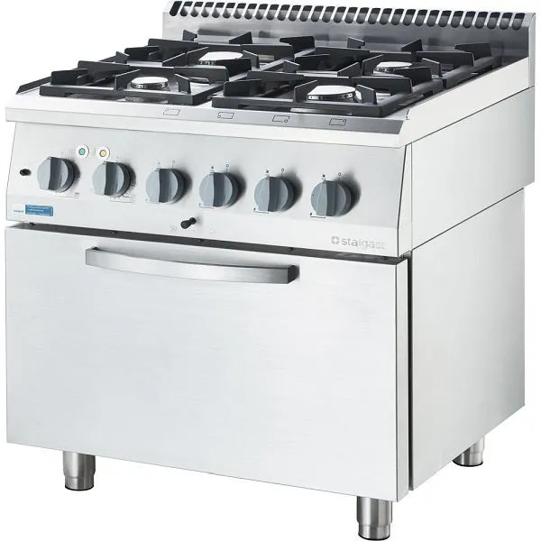 Cucina gas Stalgast ECO 4 fuochi con forno elettrico convezione (600 x 400 mm / GN 1/1) collezione 700 ND - G20 4 fuochi (...