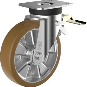 Ruota girevole Wicke per carichi pesanti con pneumatici poliuretano Topthane® 92 Shore marroni su cerchio alluminio presso...