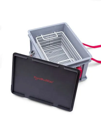 Contenitore batteria DENIOS PP 28 litri S-Box 1 Advanced riempimento PyroBubbles® 261-769