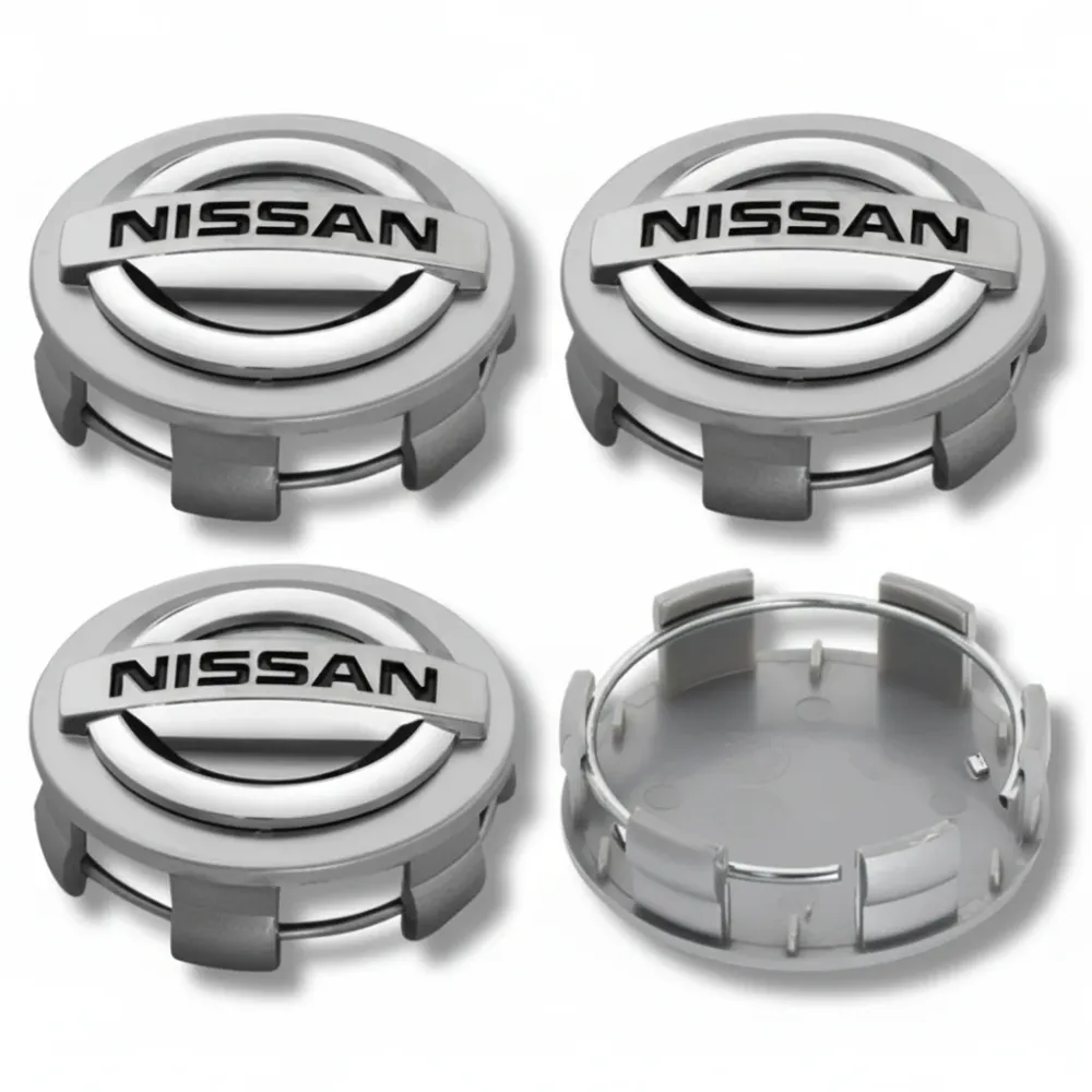 SET 4 Coprimozzo Tappi Nissan Juke Micra Navara Leaf 60mm Compatibile GRIGIO Cromato Borchie Ruote