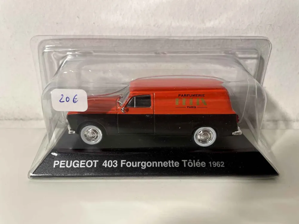 Furgone Peugeot 403 rosso e nero del 1962 (con pubblicità della profumeria Félix di Parigi)