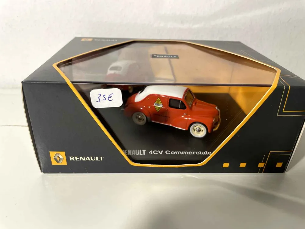 Renault 4 CV commerciale arancione e tetto bianco con logo Renault (scatola rettangolare)