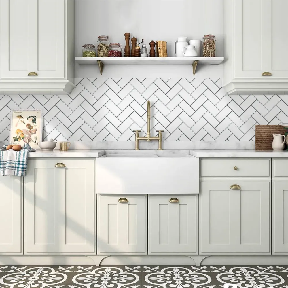 Biscotto Filettato Acciaio White Herringbone Peel and Stick Backsplash Tile - Thicker Design