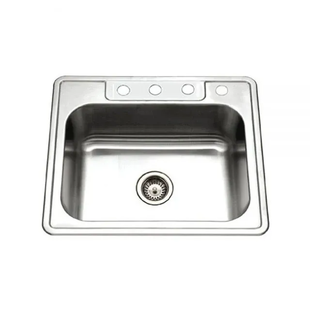 Houzer Glowtone Series 25" Inossidabile Steel Drop- Topmount 4-hole Single Bowl Kitchen Sink 8" Depth, includes Basket Str...