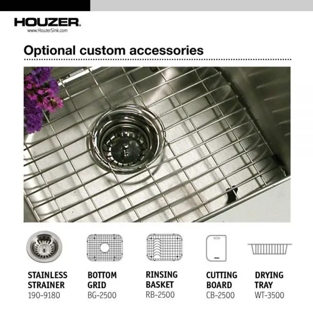 Houzer Glowtone Series 25" Inossidabile Steel Drop- Topmount 4-hole Single Bowl Kitchen Sink 8" Depth, includes Basket Str...