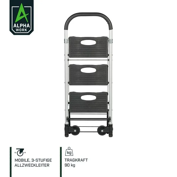 Alpha Work Mobile scala versatile/carrello da trasporto pieghevole 3 gradini portata 90 kg come carrello 05902