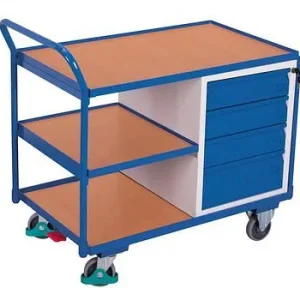Carrello da officina DENIOS della linea classica con 3 aree di carico e 4 cassetti 271538 con Maniglia Regolabile