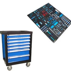 Carrello da officina Metra riempito con 14 set di attrezzi blu 9910240 Pieghevole per Risparmio Spazio
