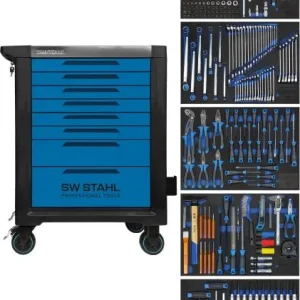 Carrello da officina professionale SW-Stahl TT801 blu attrezzato 341 pezzi Z3110 | Altezza Regolabile |