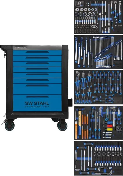 Carrello da officina professionale SW-Stahl TT801 blu attrezzato 341 pezzi Z3110 | Altezza Regolabile |