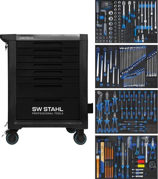 Carrello da officina professionale SW-Stahl TT801 nero attrezzato 246 pezzi Z3114 Pieghevole per Risparmio Spazio