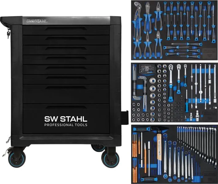 Carrello da officina professionale SW-Stahl TT801 nero attrezzato 213 pezzi Z3117 Pieghevole per Risparmio Spazio