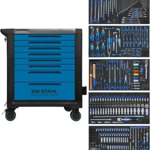 Carrello da officina professionale SW-Stahl TT802 blu attrezzato 434 pezzi Z3200 con Freni di Sicurezza