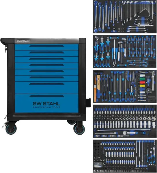 Carrello da officina professionale SW-Stahl TT802 blu attrezzato 434 pezzi Z3200 con Freni di Sicurezza