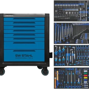 Carrello da officina professionale SW-Stahl TT802 blu attrezzato 338 pezzi Z3211 per Movimentazione Merci