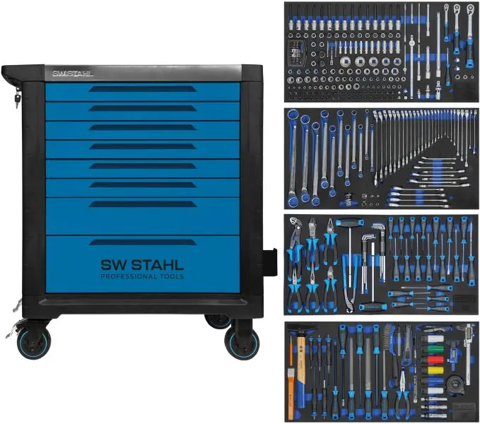 Carrello da officina professionale SW-Stahl TT802 blu attrezzato 338 pezzi Z3211 per Movimentazione Merci