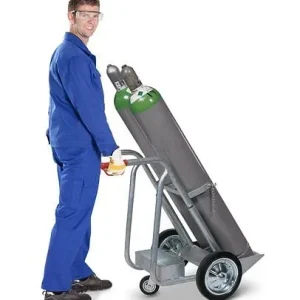 Carrello per bombole acciaio DENIOS GFR-L per 2 bombole di gas (Ø 250 mm) ruota tastatrice gomma piena 115-208 Portata Mas...