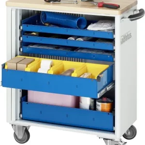 Carrello portautensili RAU collezione adlatus modello 7265 L725 x P400 x A860 mm incluso un piano di lavoro faggio massicc...