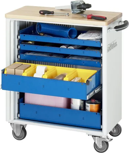 Carrello portautensili RAU collezione adlatus modello 7265 L725 x P400 x A860 mm incluso un piano di lavoro faggio massicc...