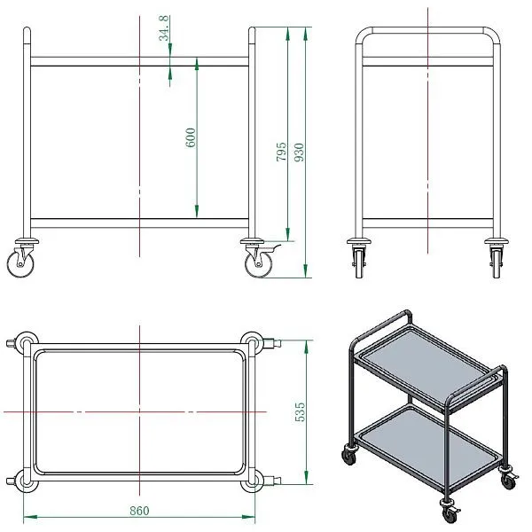 Certificato CE Carrello di servizio Vaiotec EASYLINE acciaio inossidabile / 2 ripiani carico 40 kg per ripiano 86x54x94 cm...