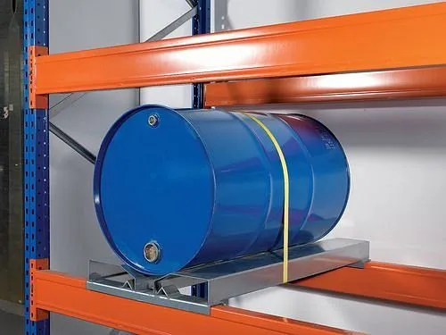 Traslatore Cinghia Scaffale di supporto barilotto DENIOS con tasche per carrello elevatore e cinghia di tensione 200-459