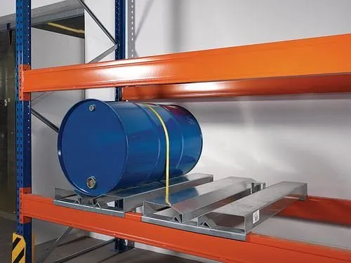 Traslatore Cinghia Scaffale di supporto barilotto DENIOS con tasche per carrello elevatore e cinghia di tensione 200-459