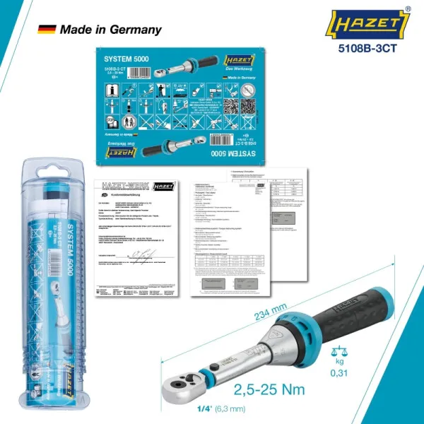 Chiave dinamometrica Hazet Nm min-max: 25 - 25 Nm tolleranza: 3% esagono cavo 63 (1/4 pollice) 5108B-3CT