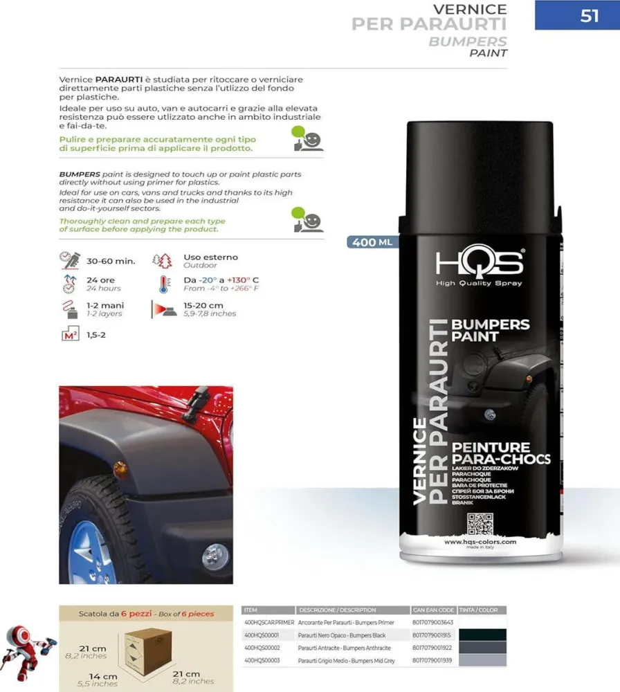 HQS Bomboletta di Vernice Spray 400ml Paraurti e Spoiler Nero