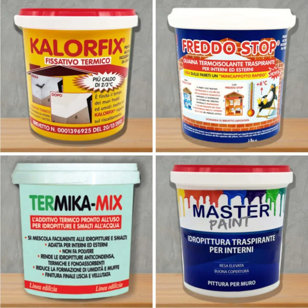 Kit Pareti Umide e Fredde (senza muffa) per 4/5 mq: Kalorfix lt.1 + FreddoStop lt.1 + TermicaMix lt.1 + MasterPaint lt.1