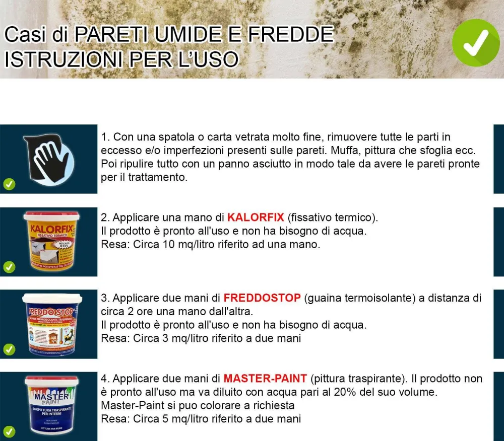 Kit Pareti Umide e Fredde (senza muffa) per 4/5 mq: Kalorfix lt.1 + FreddoStop lt.1 + TermicaMix lt.1 + MasterPaint lt.1