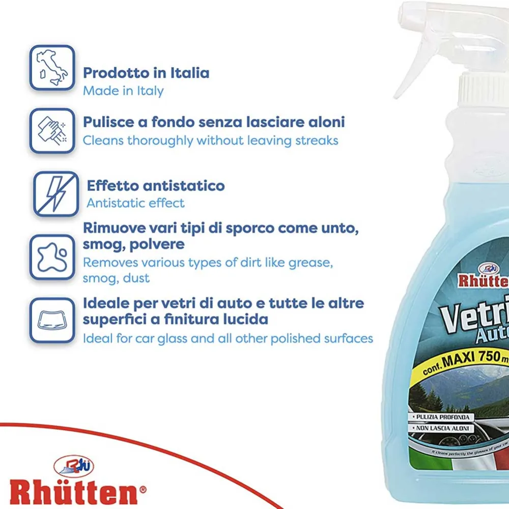 Rhutten Detergente Pulizia Vetri Auto Effetto Antistatico Senza Aloni 750ml