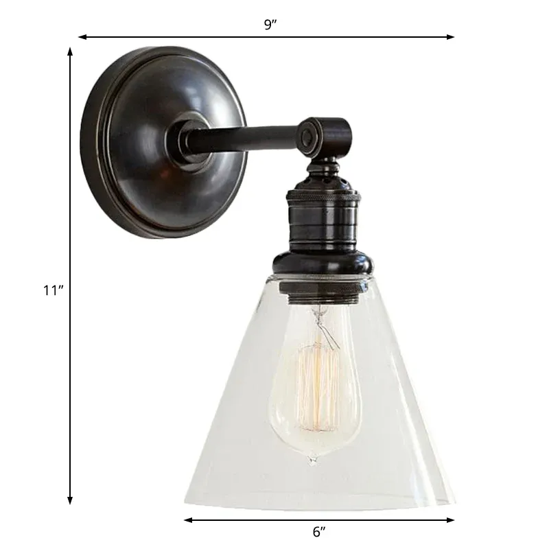 Cuscinetto Maglie Sconce metallo nero/cromato cono/globo, illuminazione industriale parete 1 luce per camera da letto