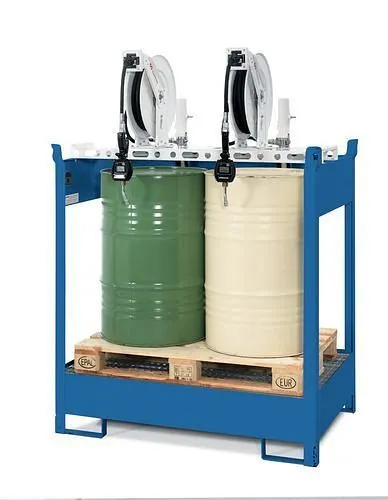 Stazione petrolifera DENIOS DPO-2 vasca 2 pompe ad aria compressa avvolgitubo 10 m 201-601
