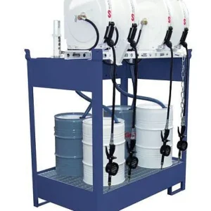 Stazione petrolifera DENIOS DPO-4 vasca 4 pompe ad aria compressa avvolgitubo 10 m 201-602